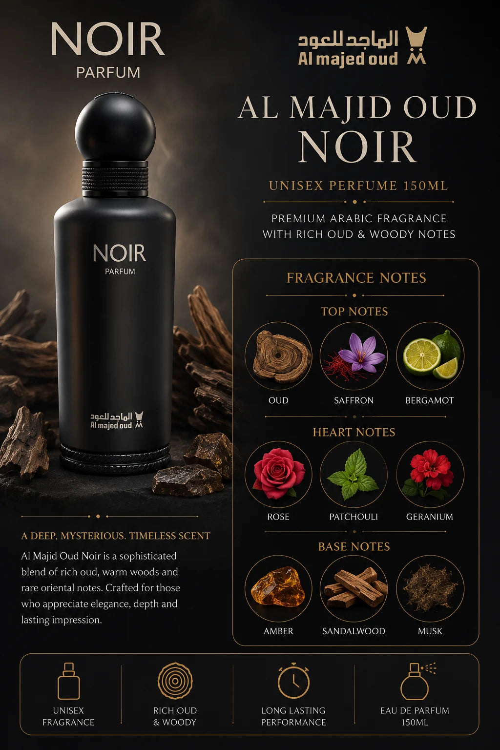 Al Majid Oud Noir Perfume 150ml EDP for Men & Women – Luxury Oud Woody Long Lasting Arabic Fragrance