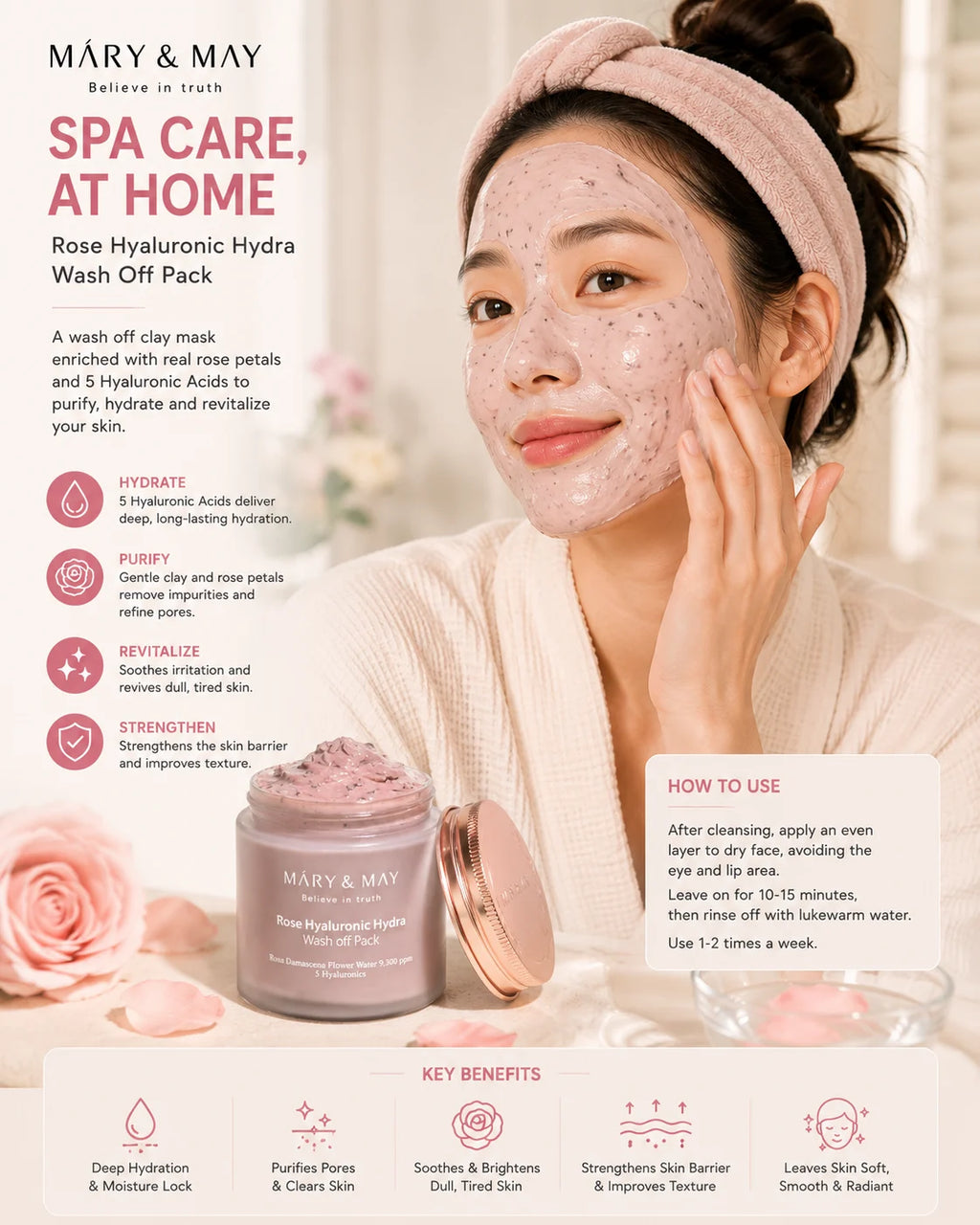 Mary & May Rose Hyaluronic Hydra Wash Off Pack 125g – Hydrating Clay Mask with Rose & Hyaluronic Acid