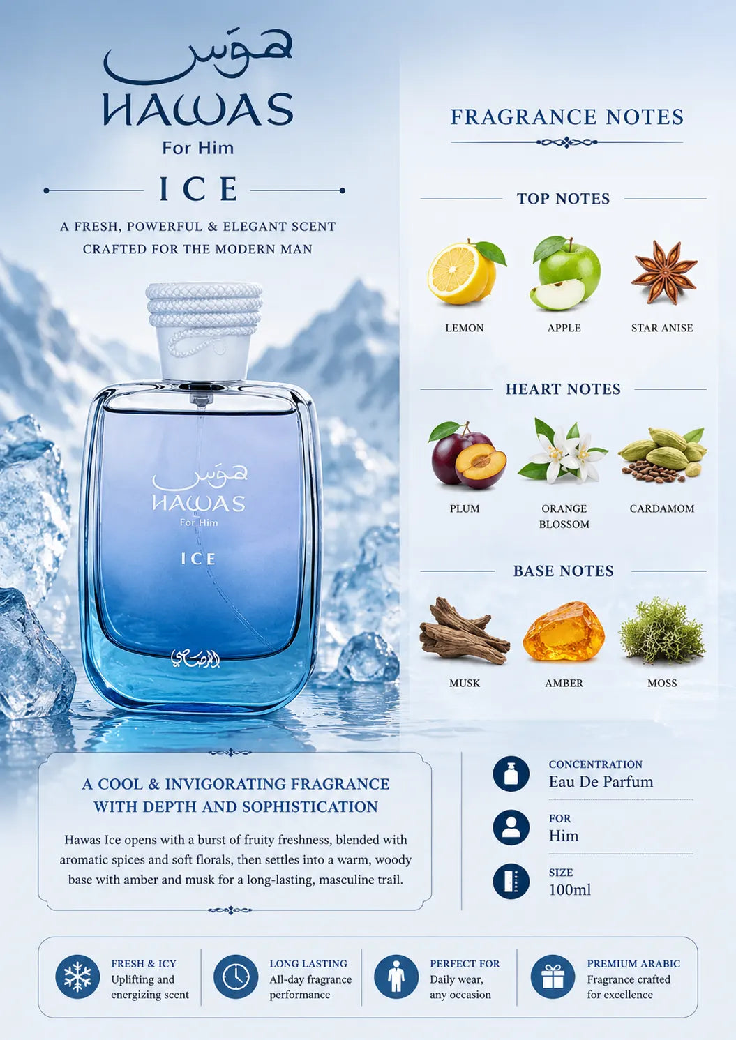 Rasasi Hawas Ice Perfume 100ml EDP for Men – Long Lasting Fresh Aquatic Citrus Woody Fragrance