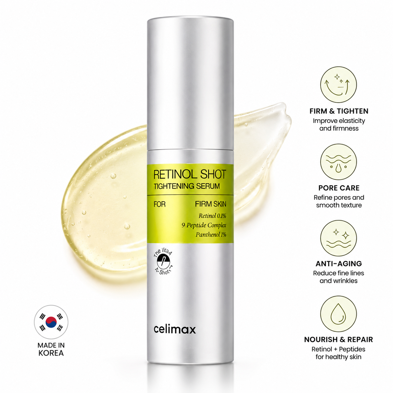 Celimax The Vita-A Retinol Shot Tightening Serum 30ml | Retinol Serum for Wrinkles, Firming & Pore Care | Korean Anti-Aging Face Serum