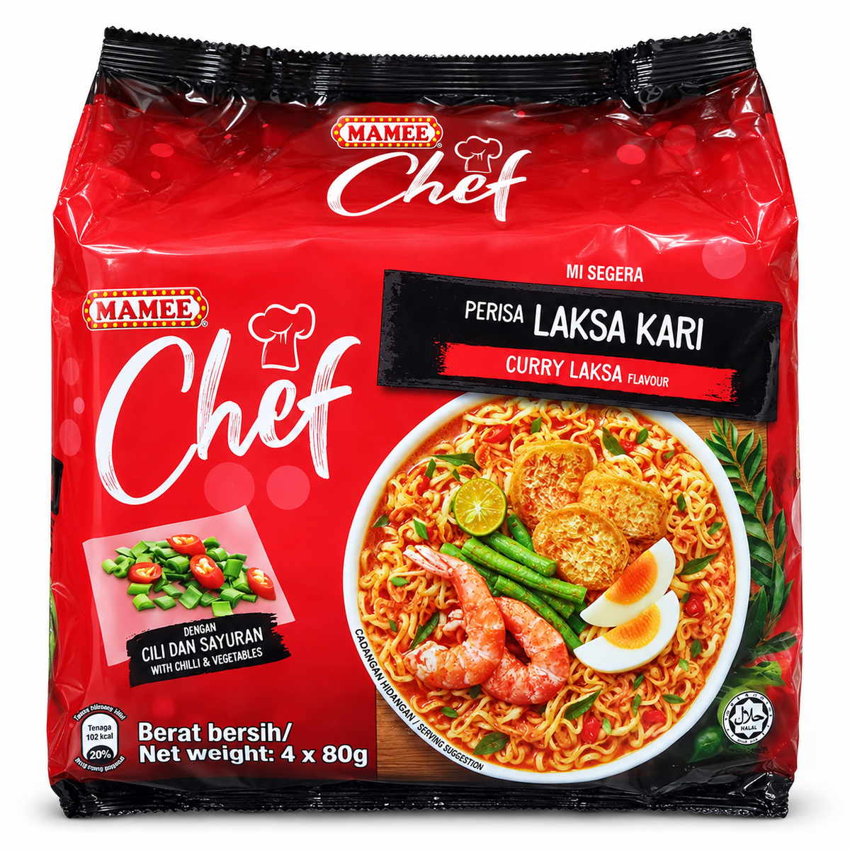 Mamee Chef Curry Laksa Flavour Instant Noodles 4 x 80g