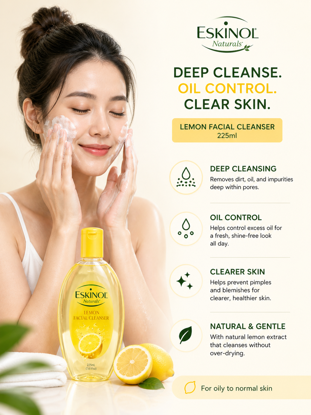 Eskinol Naturals Lemon Facial Cleanser 225 ml – Deep Cleansing & Oil Control Toner for Clear Skin