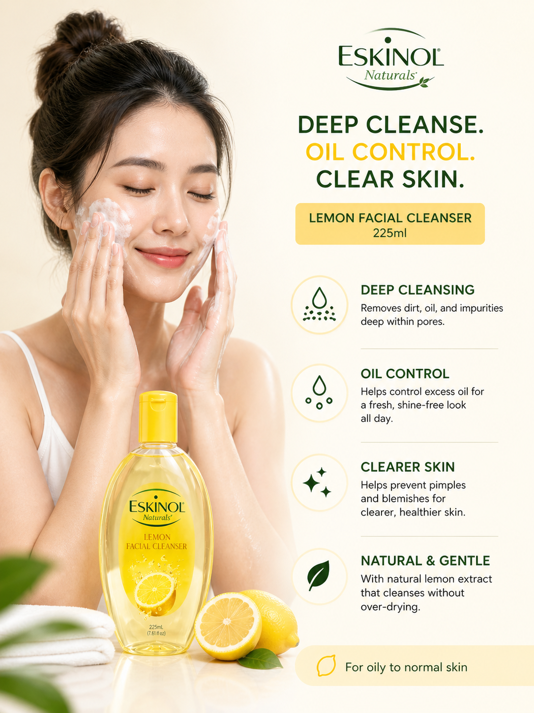 Eskinol Naturals Lemon Facial Cleanser 225 ml – Deep Cleansing & Oil Control Toner for Clear Skin