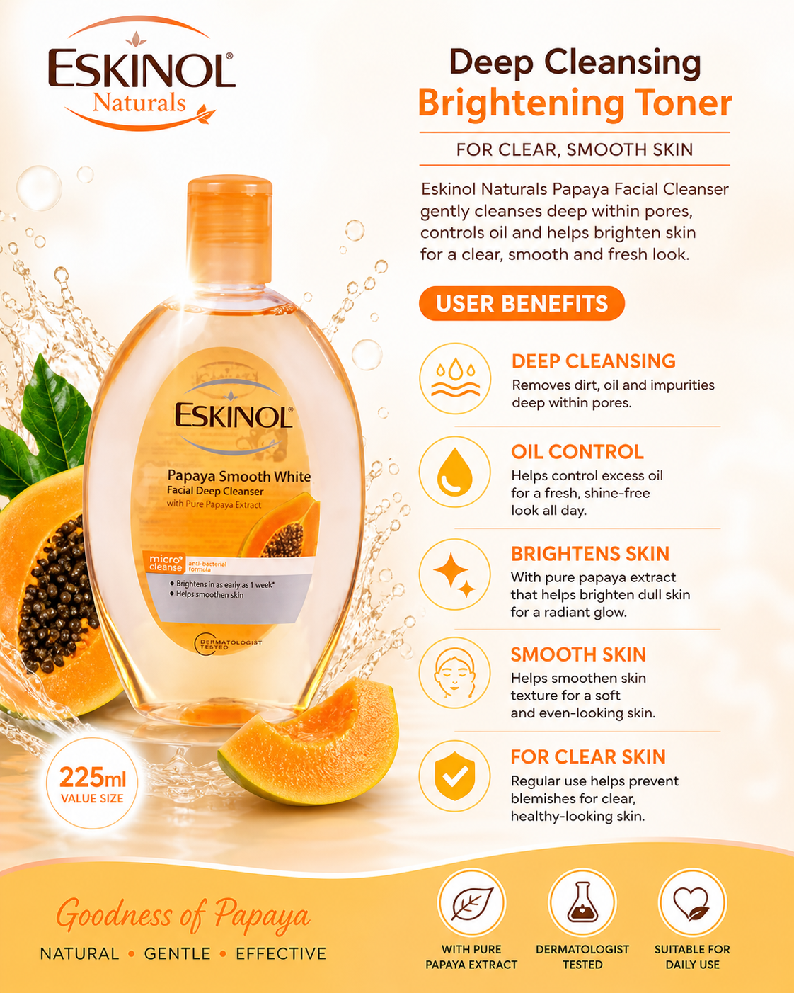 Eskinol Naturals Papaya Facial Cleanser 225 ml– Deep Cleansing & Brightening Toner for Clear, Smooth Skin