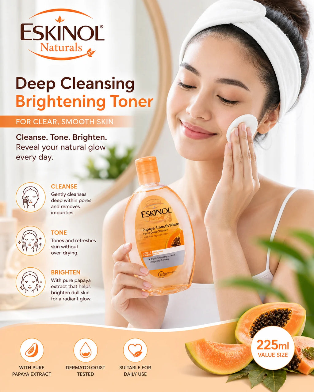 Eskinol Naturals Papaya Facial Cleanser 225 ml– Deep Cleansing & Brightening Toner for Clear, Smooth Skin