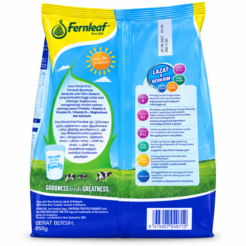 Fernleaf Full Cream Milk Powder 850g back packaging with nutritional information