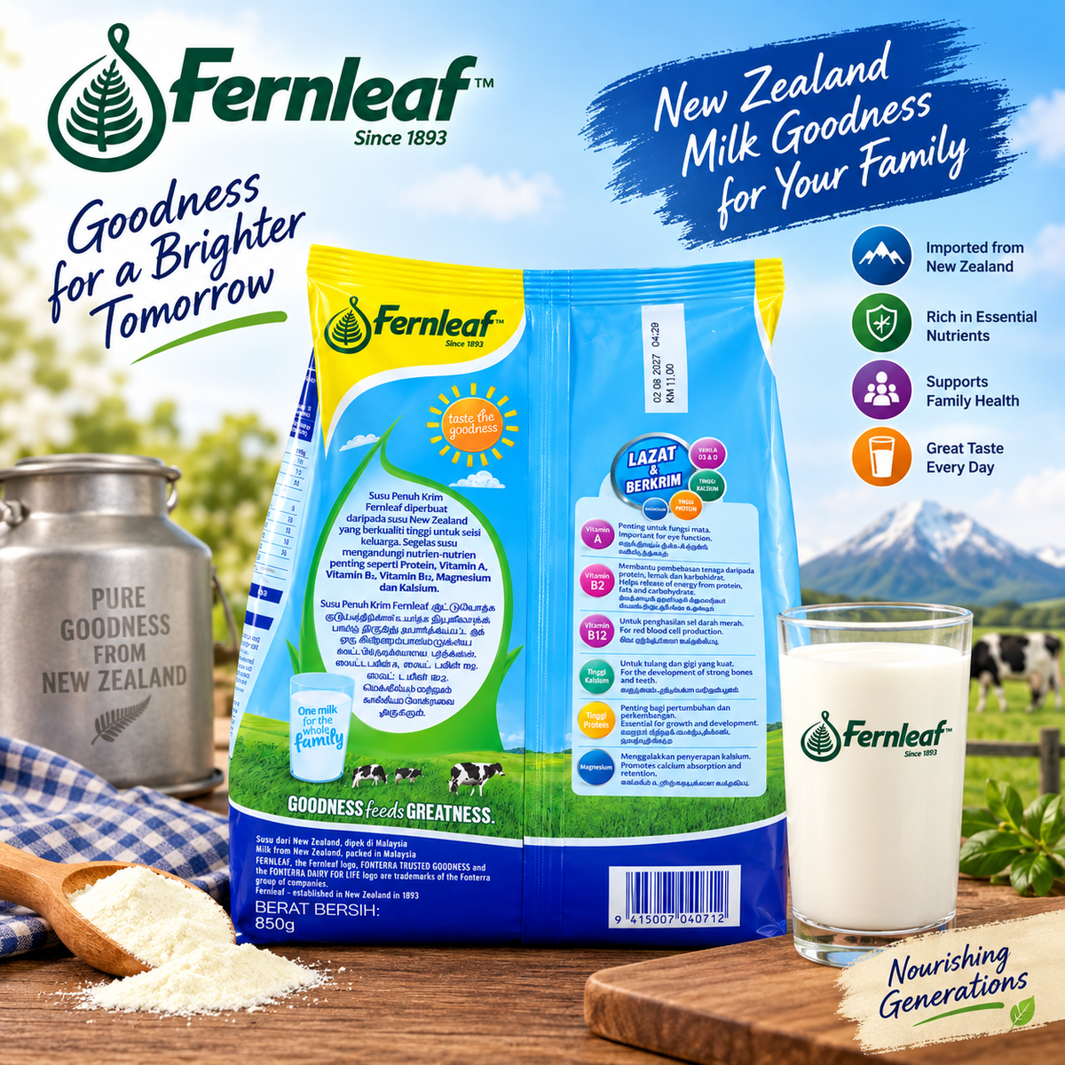 Fernleaf Full Cream Milk Powder 850g with a glass of milk