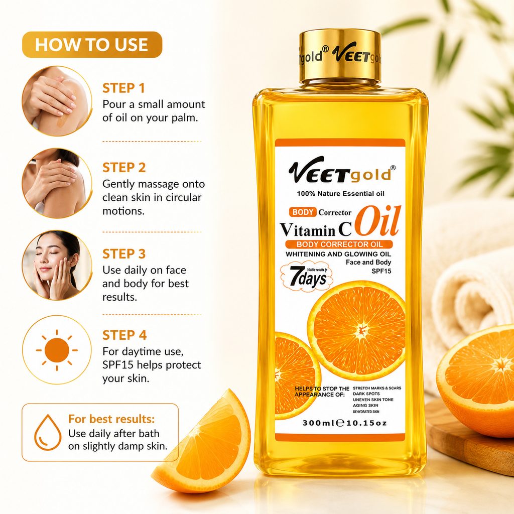 Veetgold Vitamin C Body Corrector Oil 300ml | Whitening & Glowing Oil for Face & Body | Moisturizing Body Oil with SPF15