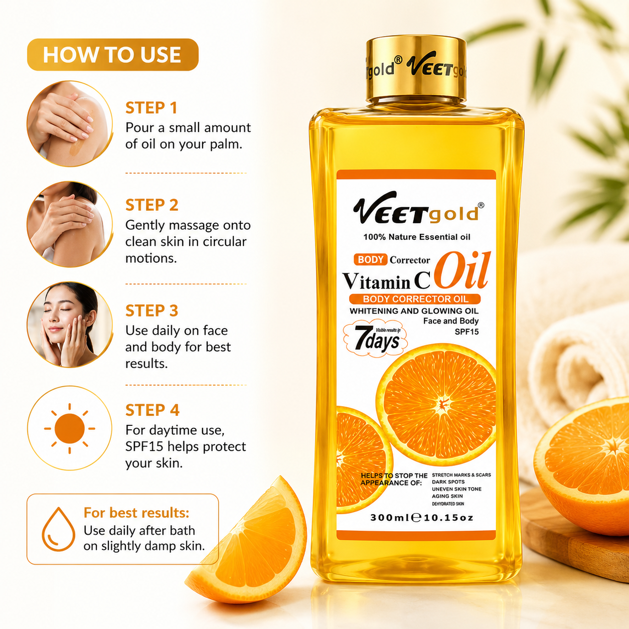 Veetgold Vitamin C Body Corrector Oil 300ml | Whitening & Glowing Oil for Face & Body | Moisturizing Body Oil with SPF15