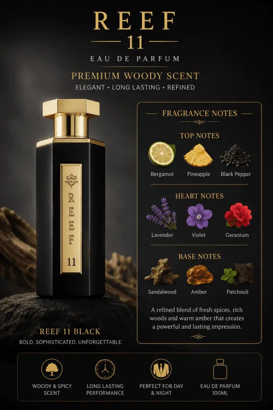 Reef 11 Black Perfume 100ml EDP for Men – Long Lasting Luxury Woody Fragrance