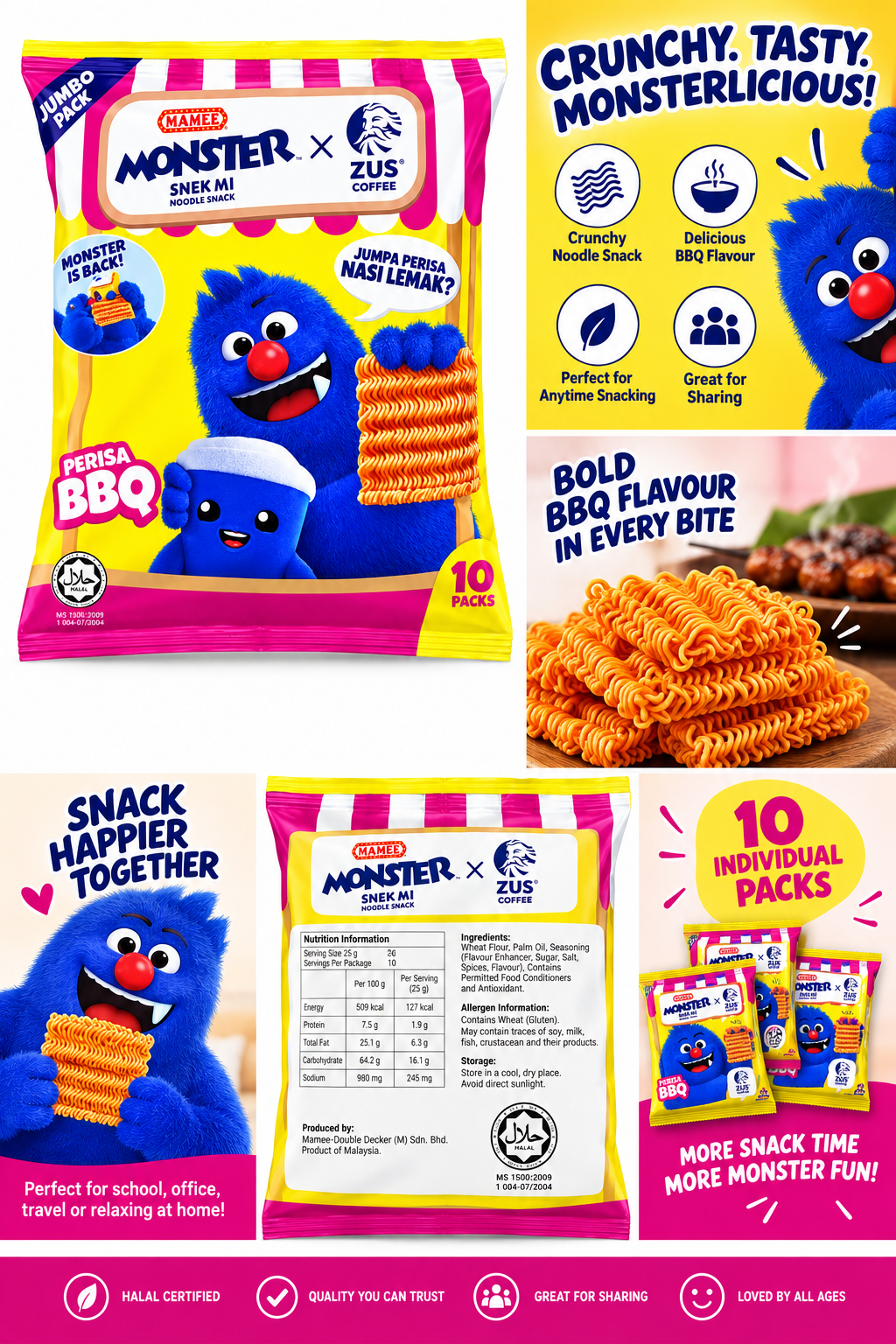Mamee Monster × ZUS Coffee Snek Mi BBQ Flavour – 10 Individual Packs