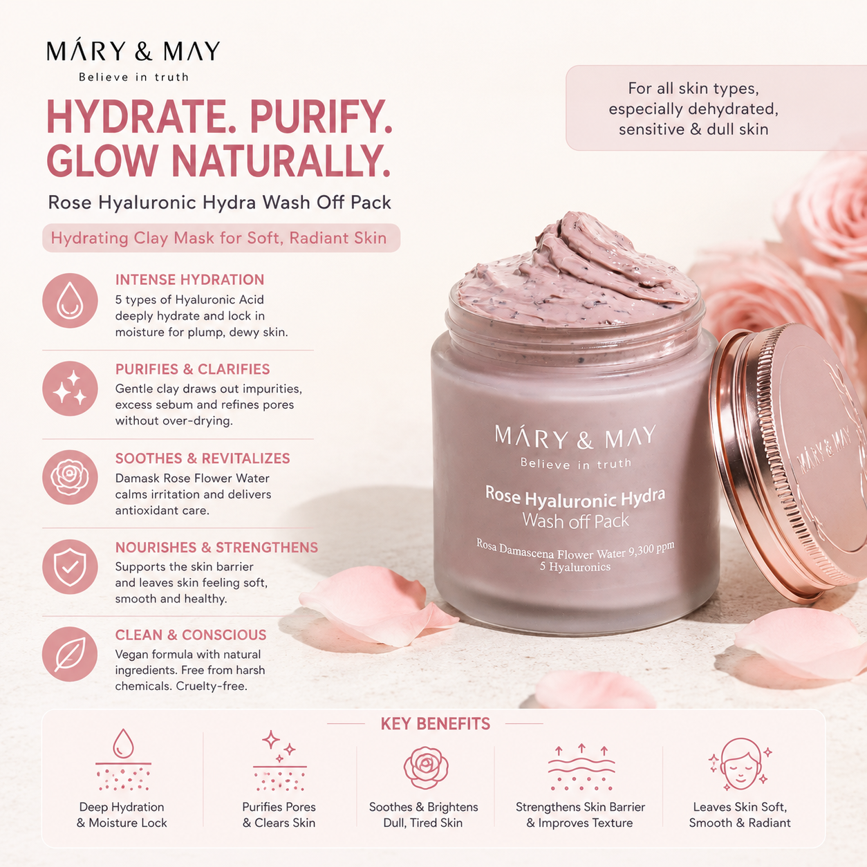 Mary & May Rose Hyaluronic Hydra Wash Off Pack 125g – Hydrating Clay Mask with Rose & Hyaluronic Acid