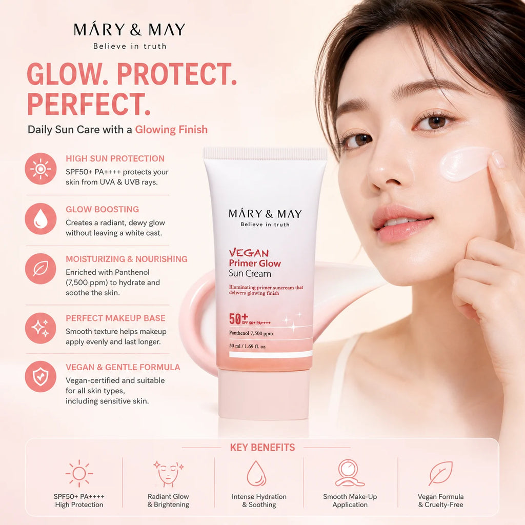 Mary & May Vegan Primer Glow Sun Cream SPF50+ PA++++ 50ml – Hydrating Korean Sunscreen with Natural Glow