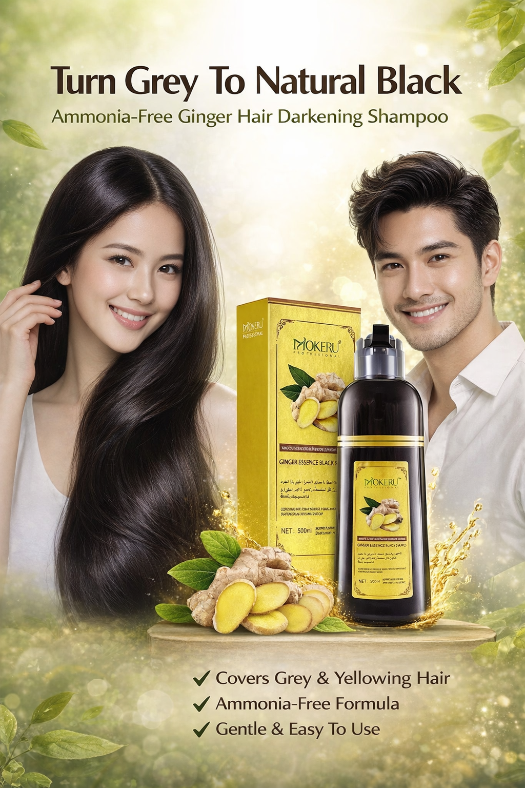 Mokeru Hair Dyeing Shampoo with Ginger Essence – Natural Black Hair Color Shampoo for Grey Hair Coverage