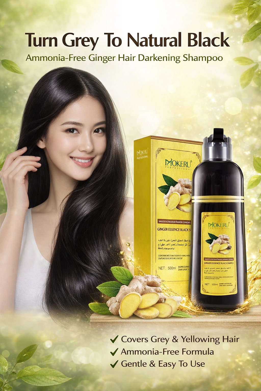 Mokeru Hair Dyeing Shampoo with Ginger Essence – Natural Black Hair Color Shampoo for Grey Hair Coverage