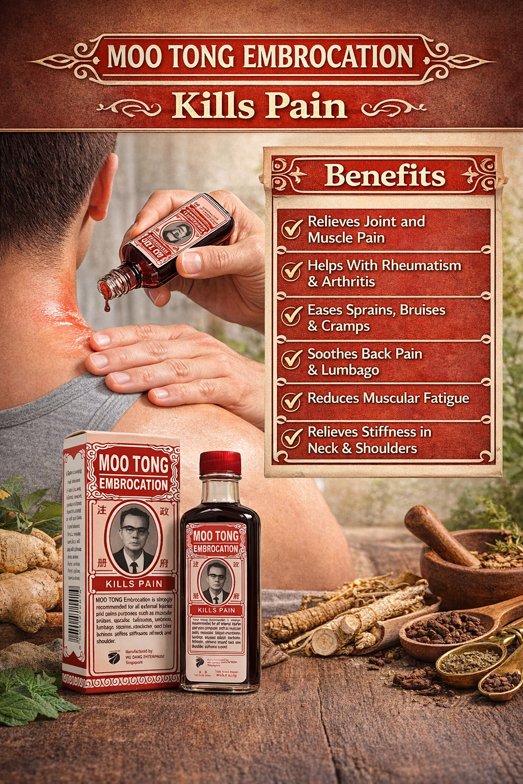 Moo Tong Embrocation Oil 60ml | Fast Relief for Muscle Pain, Sprains, Cramps, Bruises & Neck Stiffness