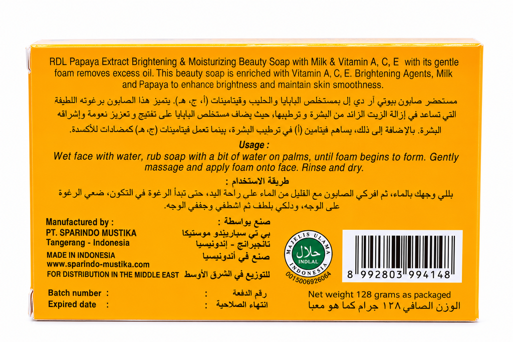 RDL Papaya Soap box back panel with ingredients
