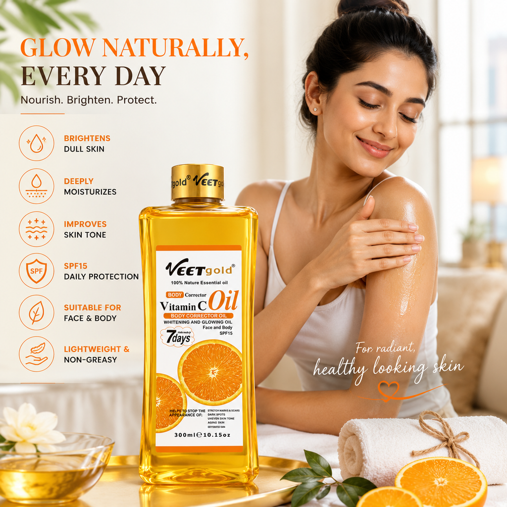 Veetgold Vitamin C Body Corrector Oil 300ml | Whitening & Glowing Oil for Face & Body | Moisturizing Body Oil with SPF15
