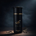Close-up of Kaaf Noir perfume bottle showing gold branding and black finish