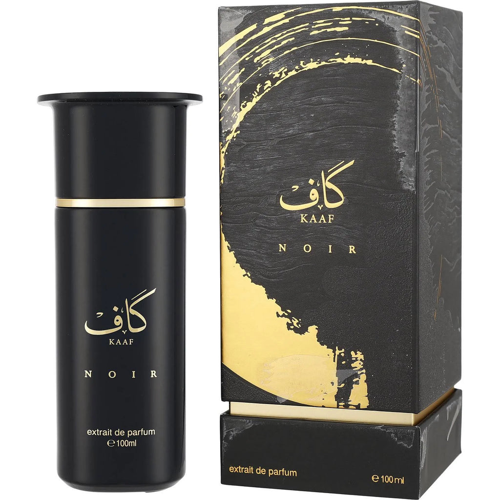 Ahmed Al Maghribi Kaaf Noir 100ml black perfume bottle with gold lettering