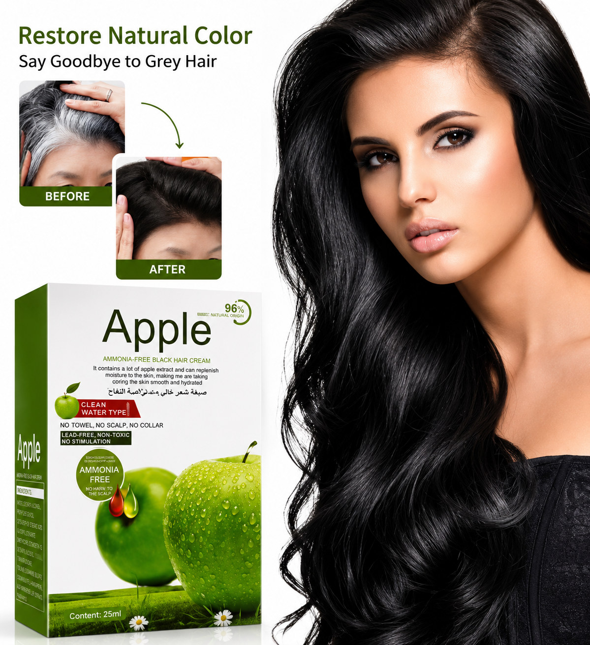Apple Hair Color Shampoo 300ml – Ammonia Free Natural Black Hair Dye Shampoo for Men & Women