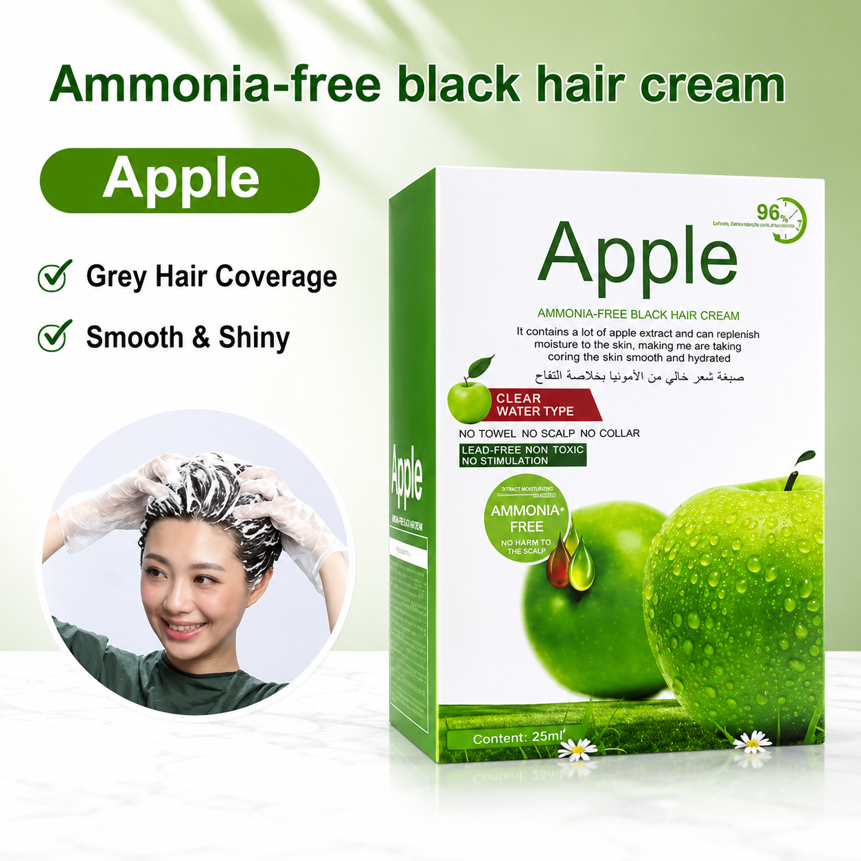 Apple Hair Color Shampoo 300ml – Ammonia Free Natural Black Hair Dye Shampoo for Men & Women