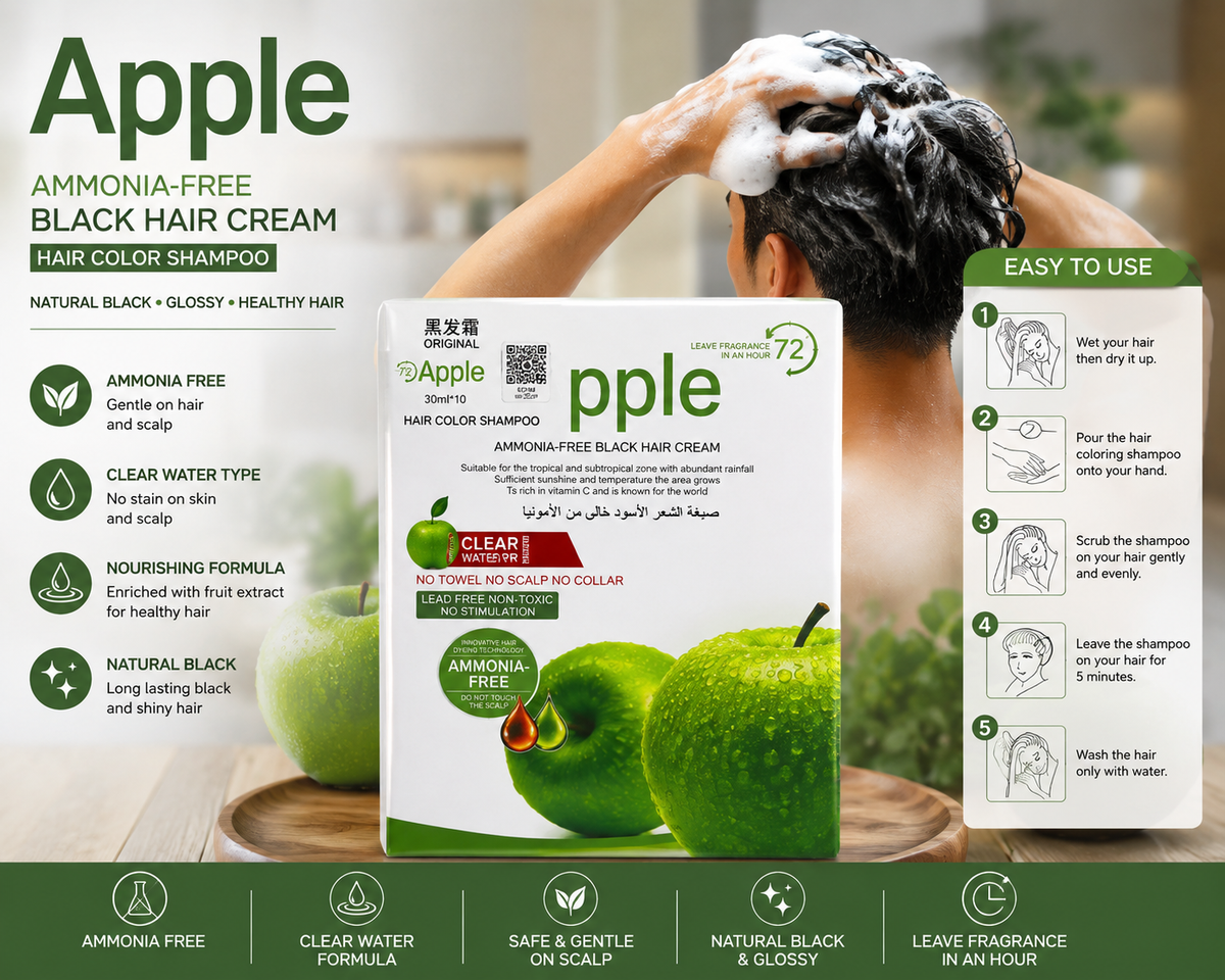 Apple Hair Color Shampoo 300ml – Ammonia Free Natural Black Hair Dye Shampoo for Men & Women